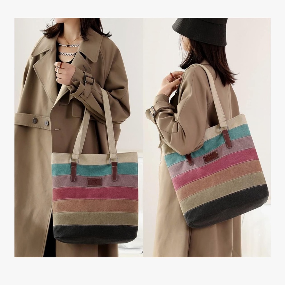 🆕 Canvas Handbag Multi-Color Striped Lattice Cross Body Shoulder Purse Bag Tote - Picture 2 of 7